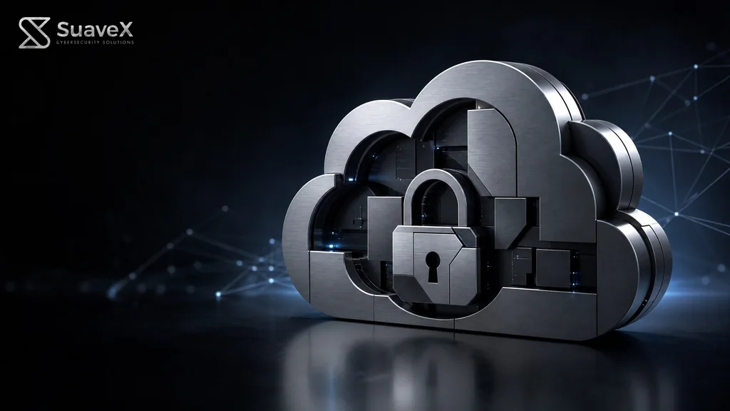 Silver cloud and padlock representing secure cloud access, with SuaveX branding