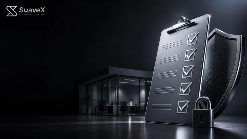 Silver checklist, protective shield and padlock beside a small office, with SuaveX branding