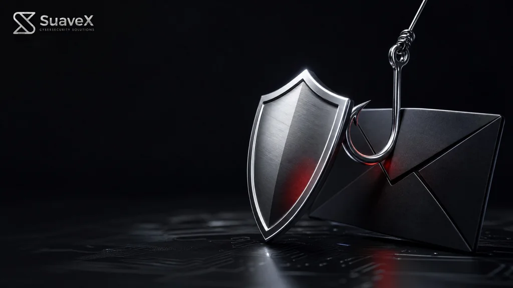 Fishing hook above a dark email envelope and silver shield, with SuaveX branding