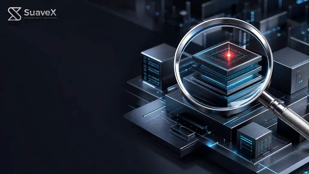 Magnifying glass inspecting servers and a highlighted security risk, with SuaveX branding