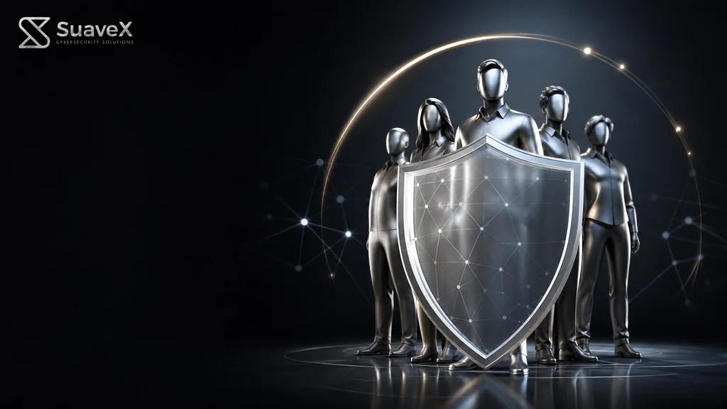 Silver team figures behind a protective shield, with SuaveX branding